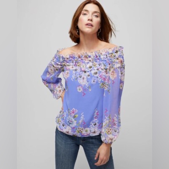 WHBM Periwinkle floral spring Long-Sleeve Off the Shoulder Ruffle Blouse size L - Picture 2 of 6